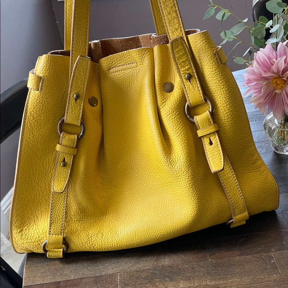 J Crew Borge Garveri Yellow Pebbled Leather Tote Bag - Picture 3 of 12